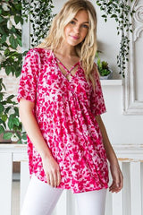 Heimish Full Size Short Sleeve Crisscross Animal Babydoll Top Plus