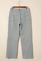 Stripe Denim High Waist Patch Pocket Jeans
