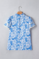Oceanic Floral Scalloped Trim V-Neck Short Sleeve Blouse