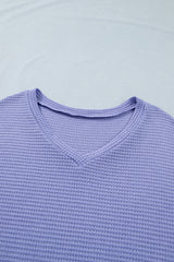 Plus Size Solid Waffle Knit V-Neck Short Sleeve Top