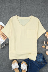 Beige Textured Pocket Split V Neck Plus Size Top