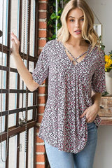 Heimish Full Size Short Sleeve Crisscross Animal Babydoll Top Plus