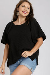 Umgee Full Size Boxy Cut Jacquard Round Neck Top with Side Slit Plus