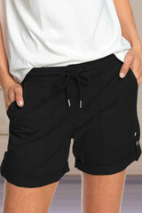 Elastic Waistband Pocket Drawstring Shorts with Button