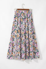 Boho Floral Side Slit Tiered Maxi Skirt