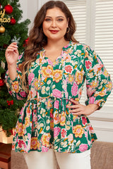 Plus Size Floral Long Sleeve V-Neck Babydoll Top