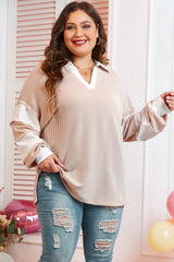 Plus Size Colorblock V-Neck Patchwork Long Sleeve Top