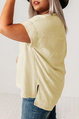 Beige Textured Pocket Split V Neck Plus Size Top