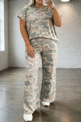 Plus Size Camo Top & Wide Leg Pants Set