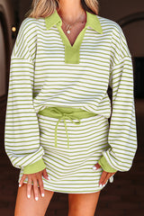 Stripe Collared V-Neck Pullover and Skort Set