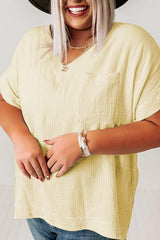 Beige Textured Pocket Split V Neck Plus Size Top