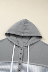 Plus Size Stripe Patchwork Waffle Half-Button Hooded Top
