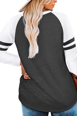 Gray Crewneck Striped Splicing Sleeve Patchwork Plus Size Top