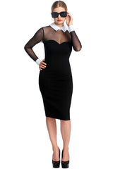 Tuxedo Illusion Sheath Dress - Long Sleeve Midi Dress, Black & White