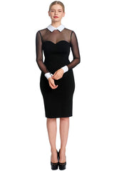 Tuxedo Illusion Sheath Dress - Long Sleeve Midi Dress, Black & White