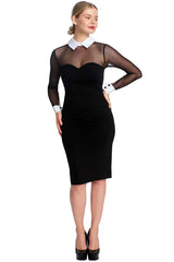 Tuxedo Illusion Sheath Dress - Long Sleeve Midi Dress, Black & White
