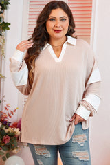 Plus Size Colorblock V-Neck Patchwork Long Sleeve Top