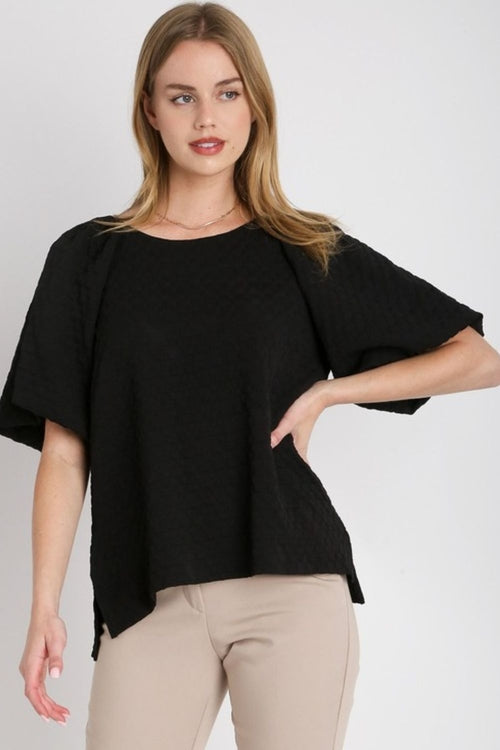 Umgee Full Size Boxy Cut Jacquard Round Neck Top with Side Slit Plus