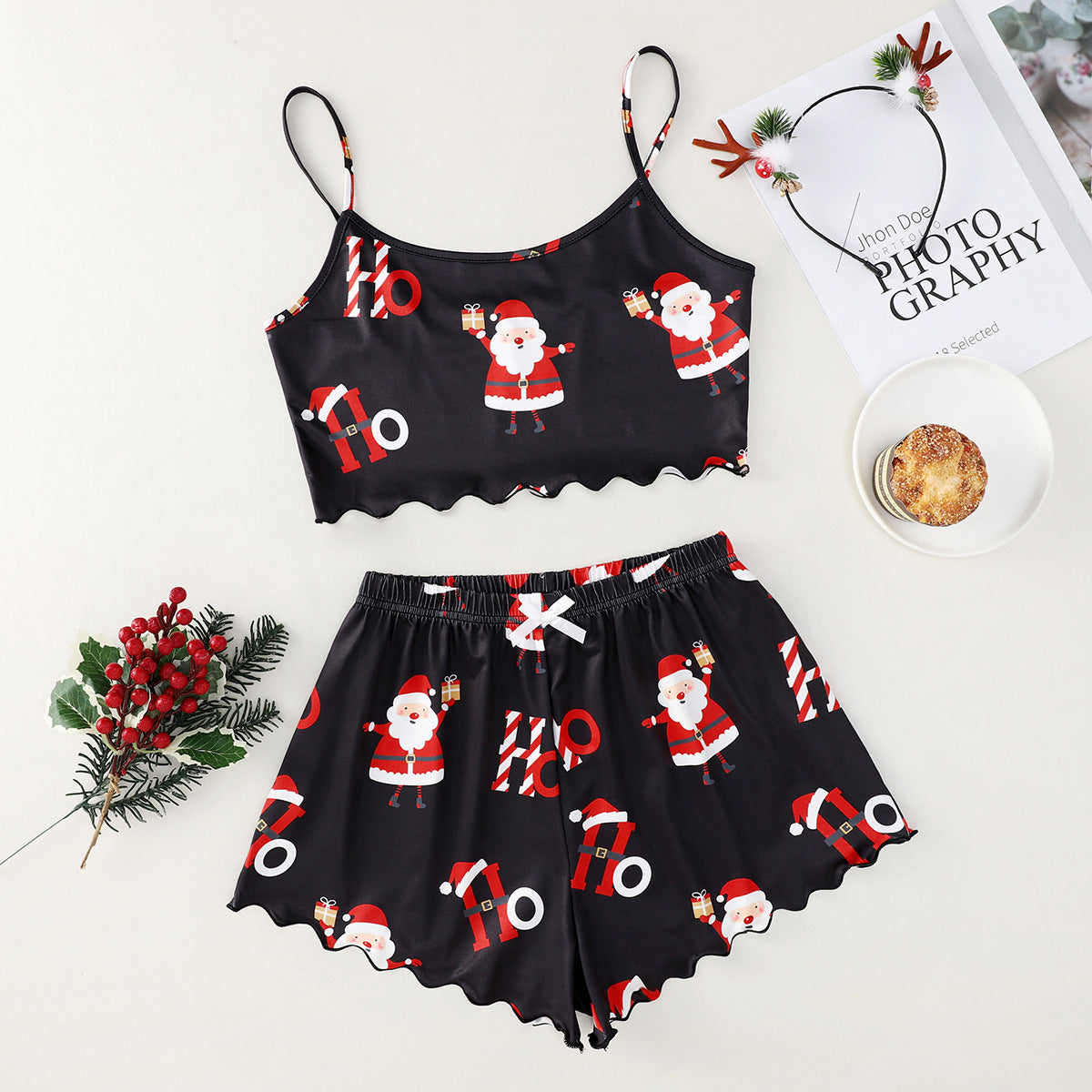 Christmas European And American Thin Pajamas Women's Sleeveless Shorts