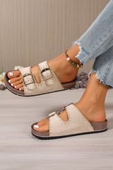Beige Embroidered Trim Retro Buckle Faux Suede Slippers