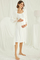 Shopymommy 18202 Lace Maternity & Nursing Nightgown With Robe Set Ecru