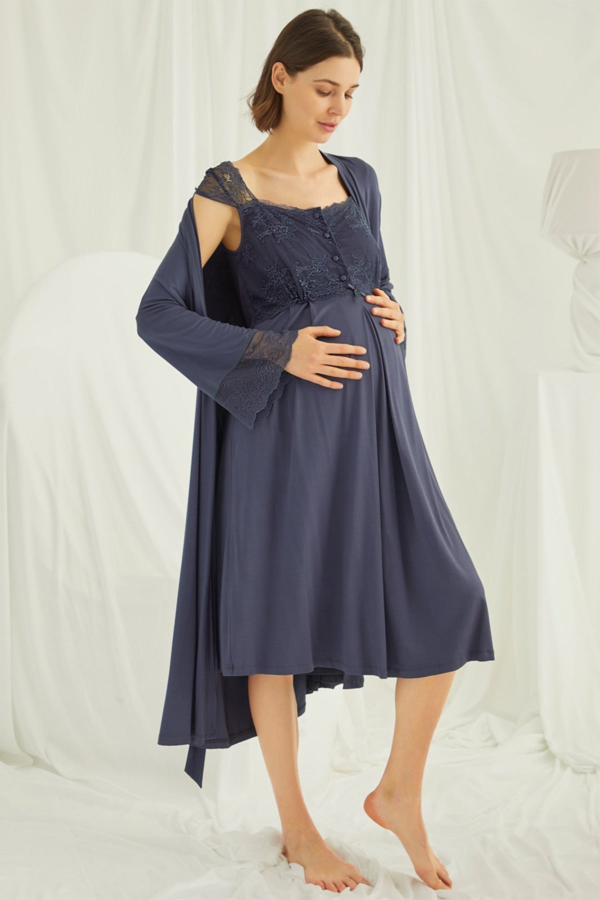 Shopymommy 18210 Lace Maternity & Nursing Nightgown With Robe Set Navy