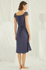 Shopymommy 18302 Lace Maternity & Nursing Nightgown Navy Blue