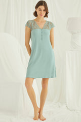 Shopymommy 18462 Lace V-Neck Short Maternity & Nursing Nightgown Green
