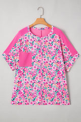 Plus Size Floral Corded Patchwork Crewneck Top