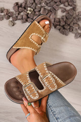 Beige Embroidered Trim Retro Buckle Faux Suede Slippers