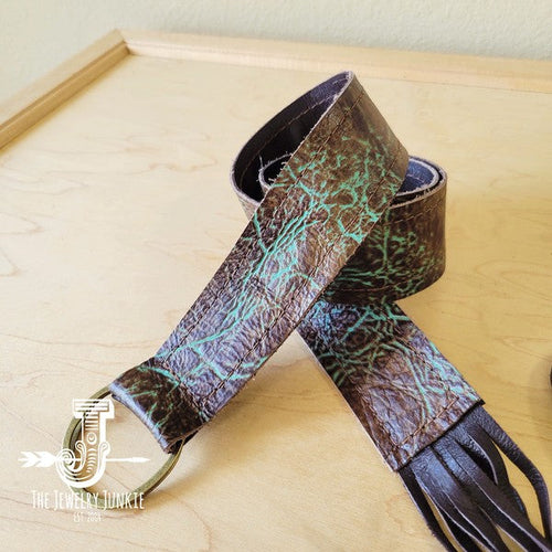 Turquoise & Brown Embossed Leather Belt w/ Fringe