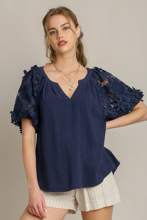 Umgee Full Size French Terry Boxy Cut Top with 3D Floral Sleeve Plus
