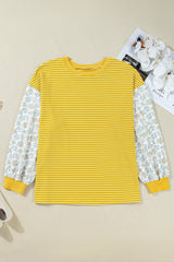 Plus Size Stripe Floral Patchwork Long Sleeve Top