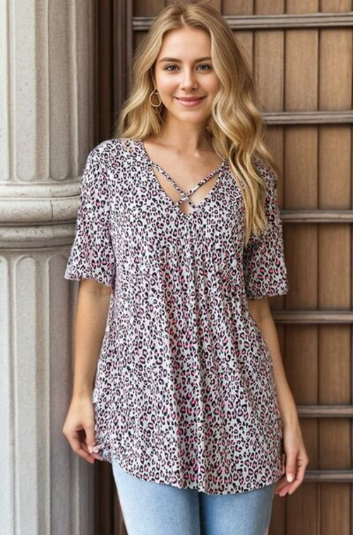 Heimish Full Size Short Sleeve Crisscross Animal Babydoll Top Plus