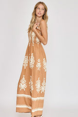 Umgee Full Size Smocked Printed Wide Leg Jumpsuit Plus Size