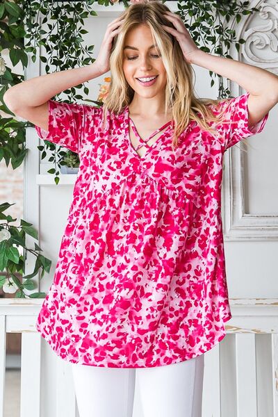 Heimish Full Size Short Sleeve Crisscross Animal Babydoll Top Plus