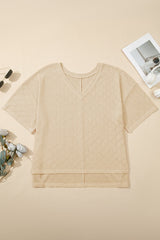 Plus Size Solid Pointelle Knit Rhombus V-Neck Top