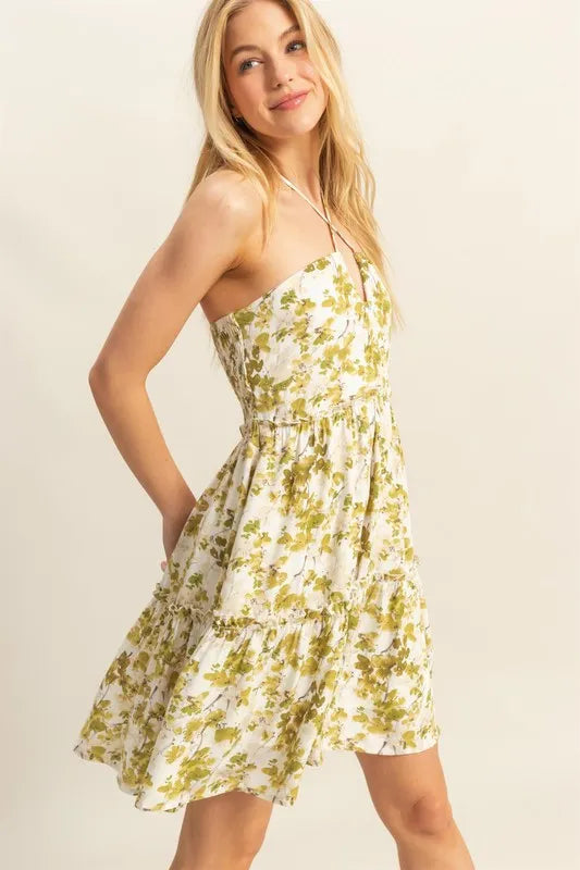 HYFVE Floral Print Halter Neck Tiered Mini Dress