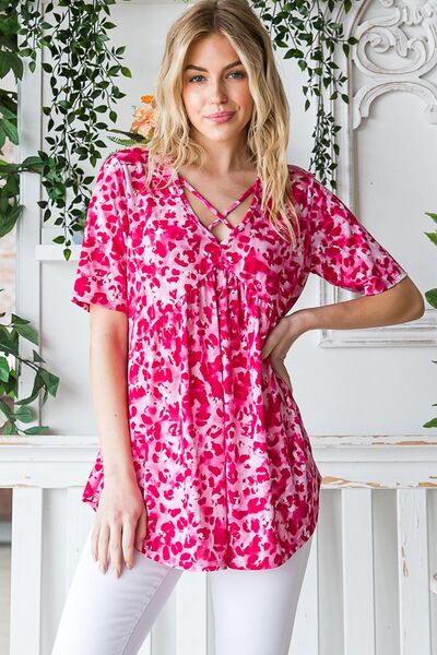 Heimish Full Size Short Sleeve Crisscross Animal Babydoll Top Plus