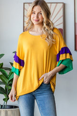Heimish Full Size Round Neck Color Block Ruffled Half Sleeve Top Plus