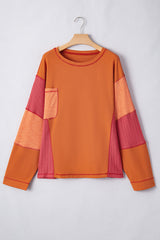 Plus Size Textured Knit Patchwork Chest Pocket Top