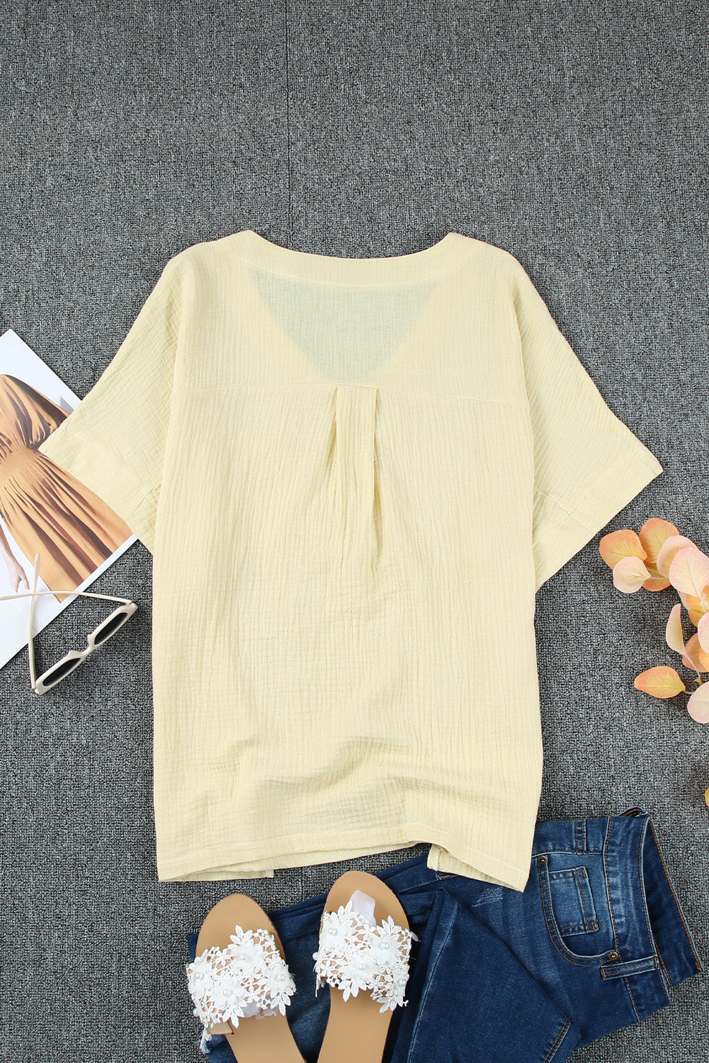 Beige Textured Pocket Split V Neck Plus Size Top