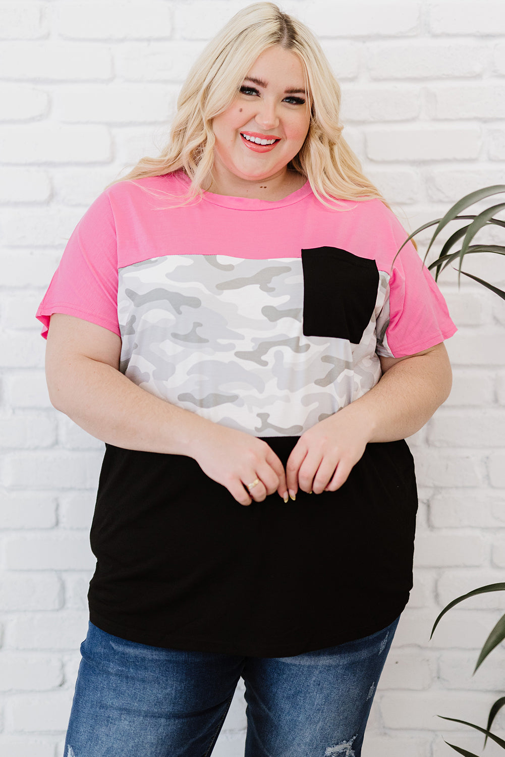 Rose Camouflage Insert Colorblock Splicing Plus Size Top