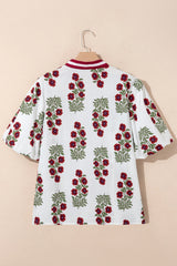 Plus Size Floral Ricrac Trim Short Sleeve Blouse