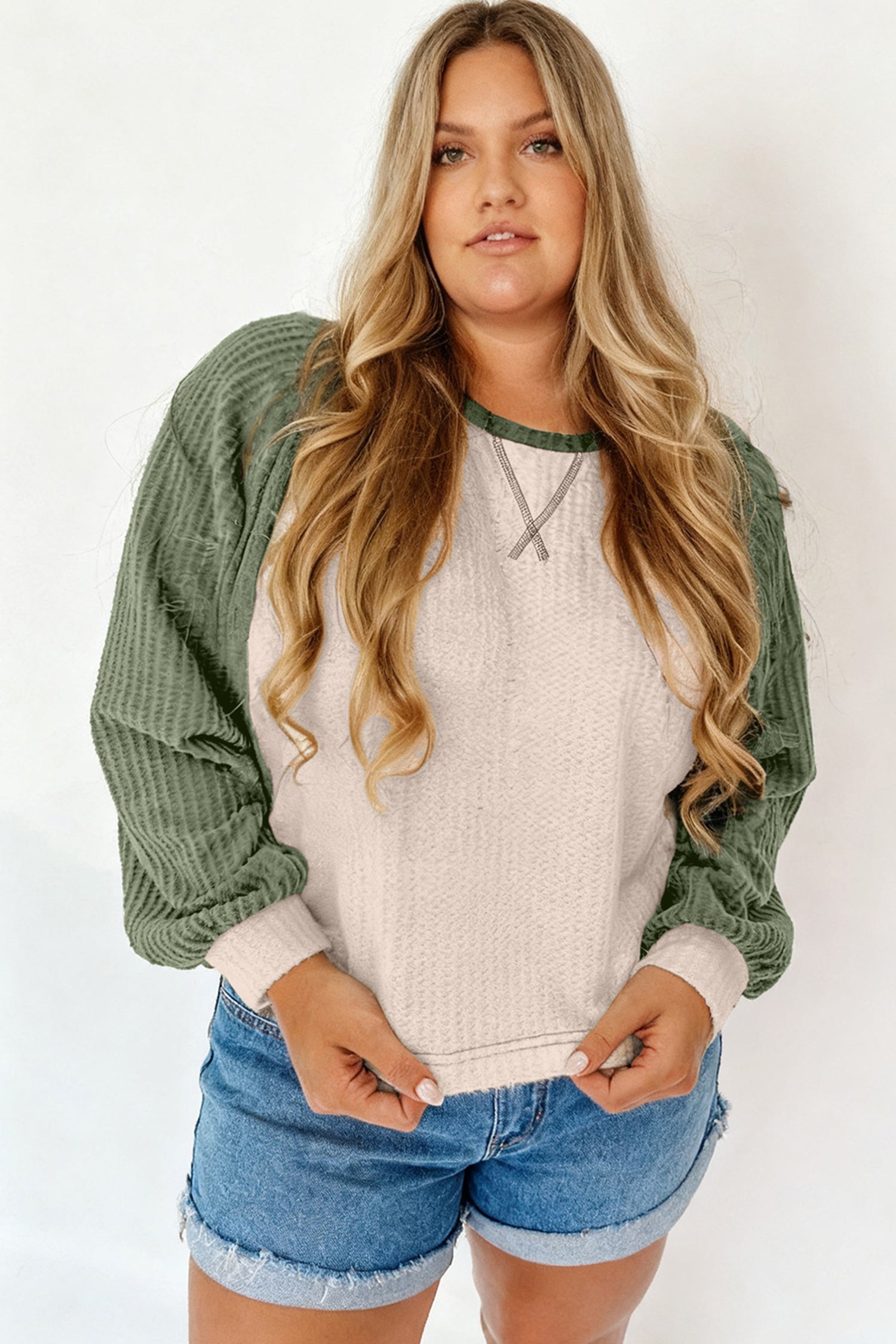Plus Size Colorblock Waffle Knit Long Sleeve Top