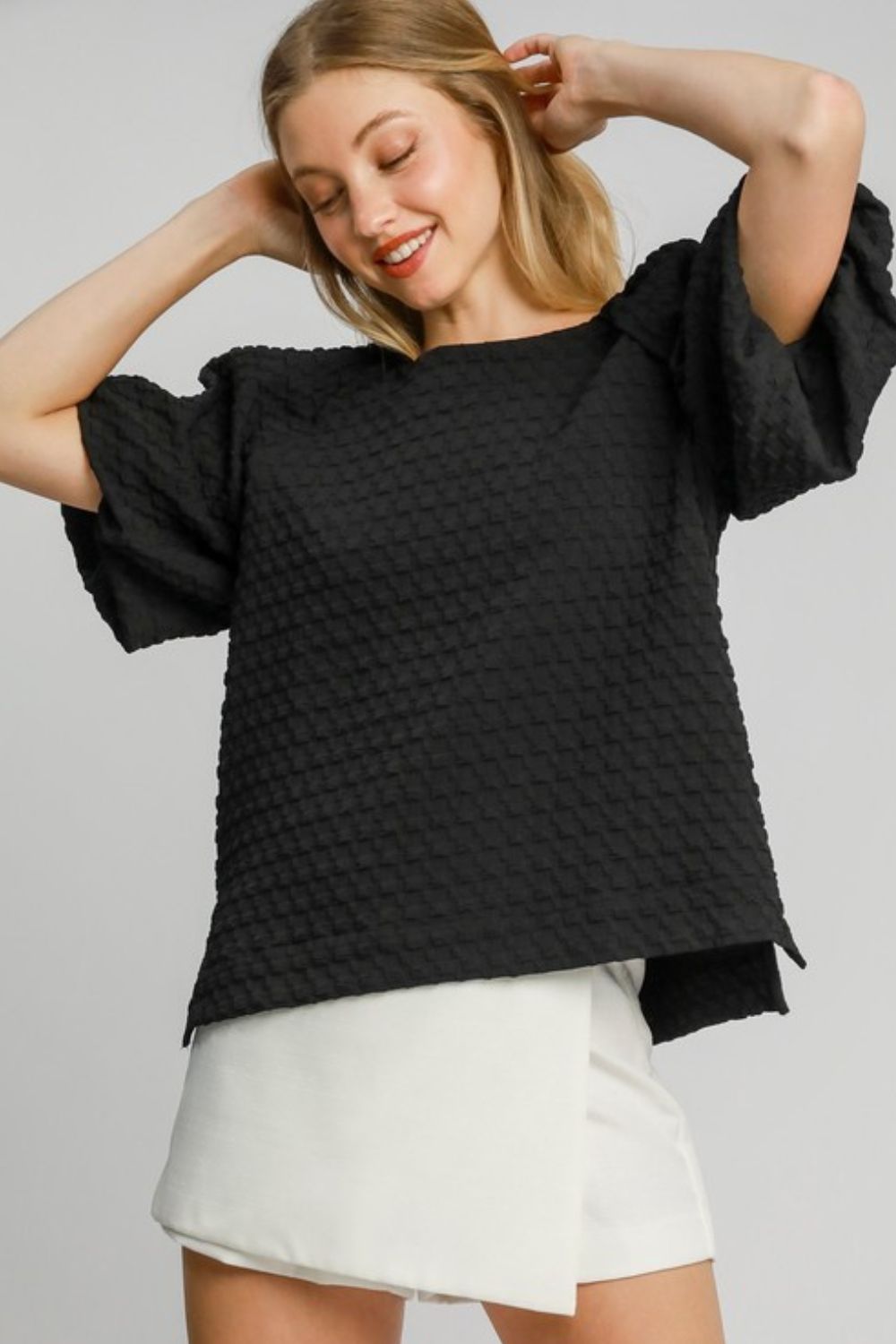Umgee Full Size Boxy Cut Jacquard Round Neck Top with Side Slit Plus