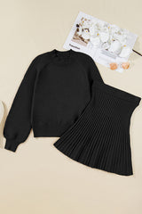 Solid High Neck Sweater and Pleated Mini Skirt Set