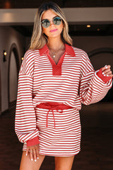 Stripe Collared V-Neck Pullover and Skort Set