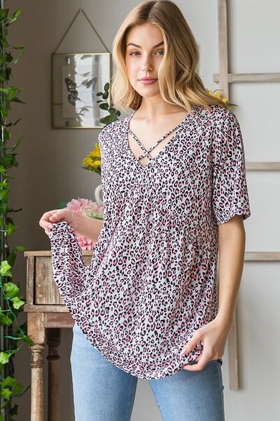 Heimish Full Size Short Sleeve Crisscross Animal Babydoll Top Plus