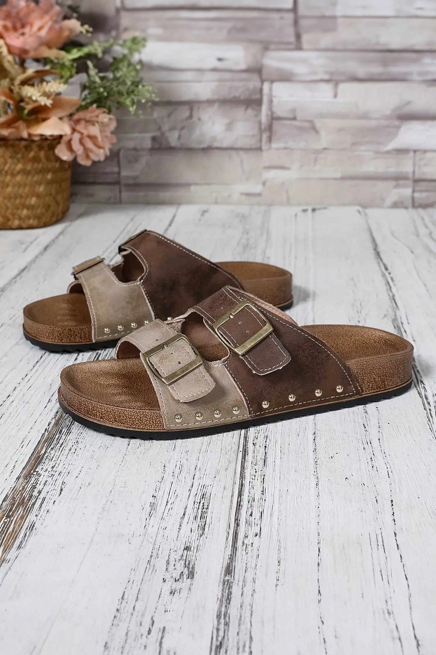 Light Blue Two-tone Retro Buckle Straps Hollowed Faux Suede Slippers